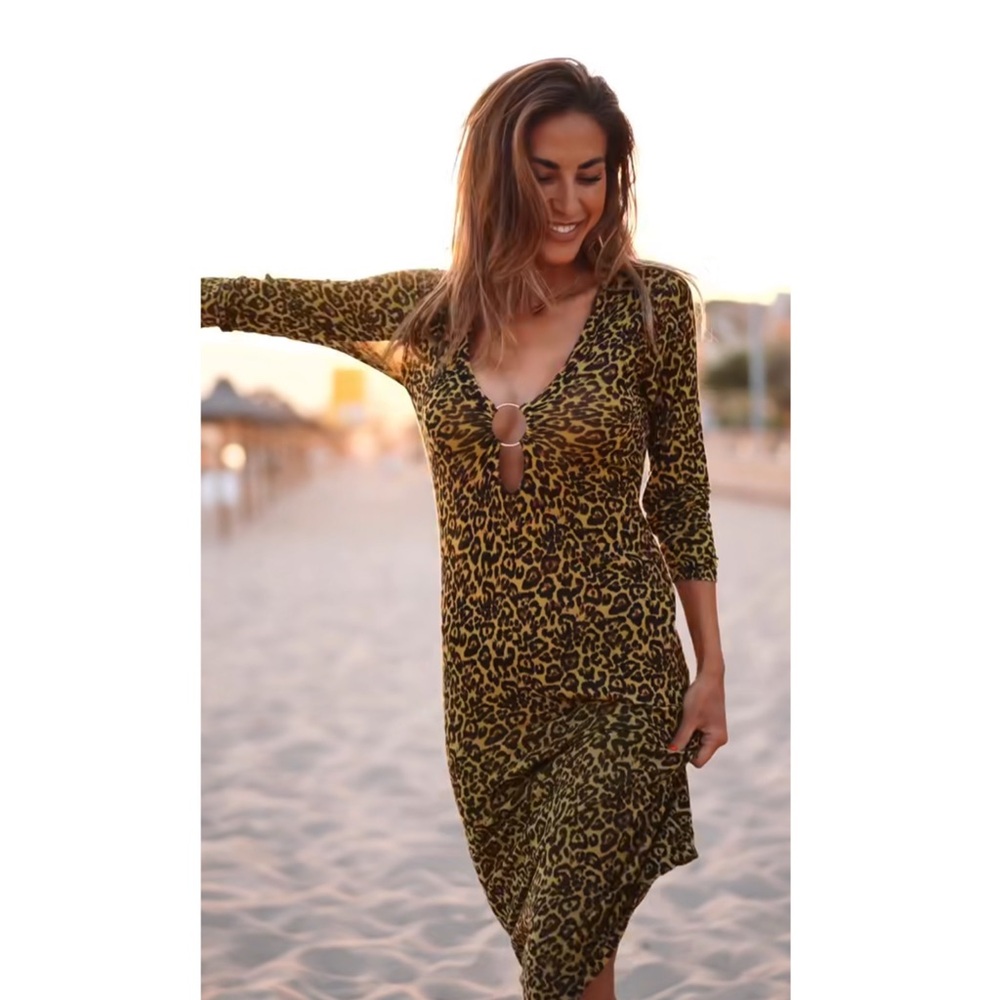 New Zara Leopard Print Knit Long Sleeve Maxi Dress Size Small